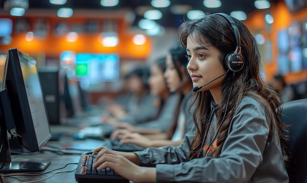 a girl with a headset and a headset with other people in the background