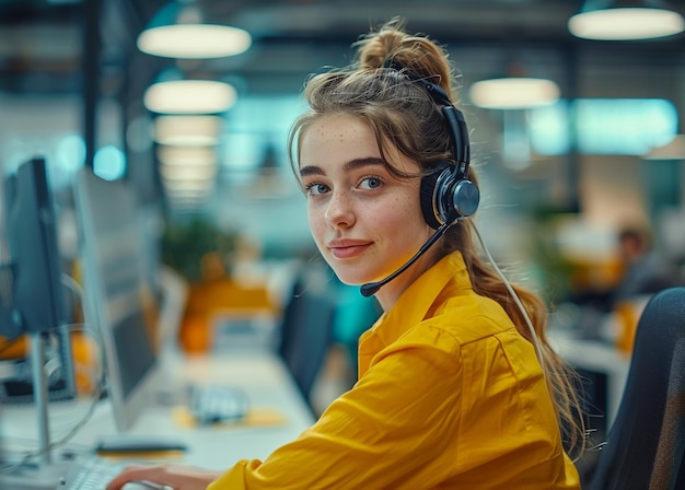 Photo a girl with a headset is sitting at a desk with a computer