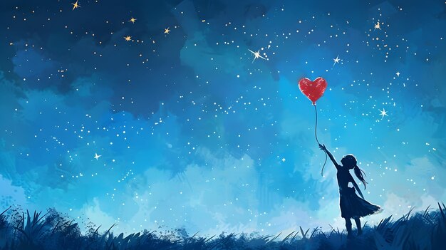 Photo girl with heart balloon under starry sky silhouette of a young girl holding a heartshaped balloon against a vibrant blue starry night sky filled with whimsy and hope