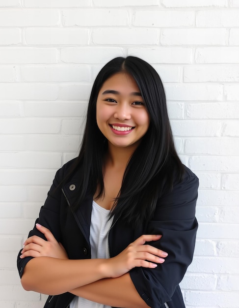 a girl with her arms crossed and a brick wall behind her