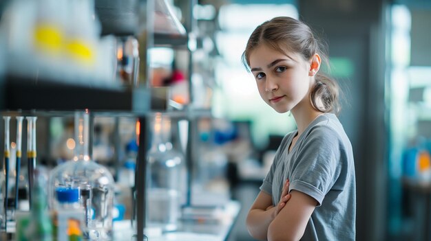 a girl with her arms crossed in front of a shelf with a water hose