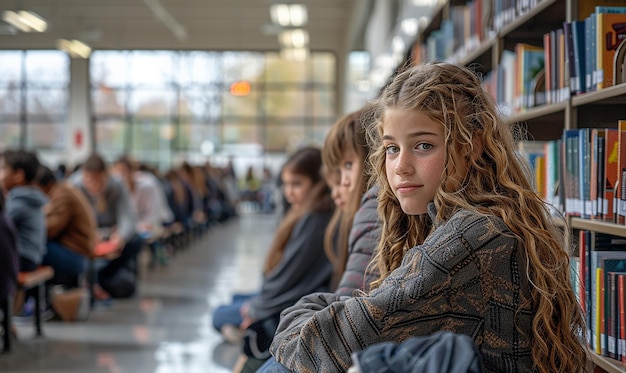 a girl with her arms crossed in a row of books