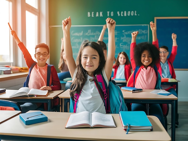 a girl with her arms raised in front of a chalkboard that saysthe school to be school