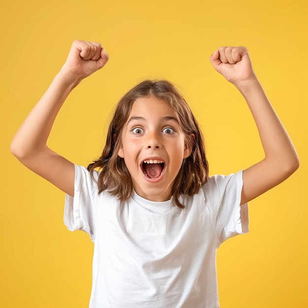 Photo a girl with her arms up in the air with a yellow background