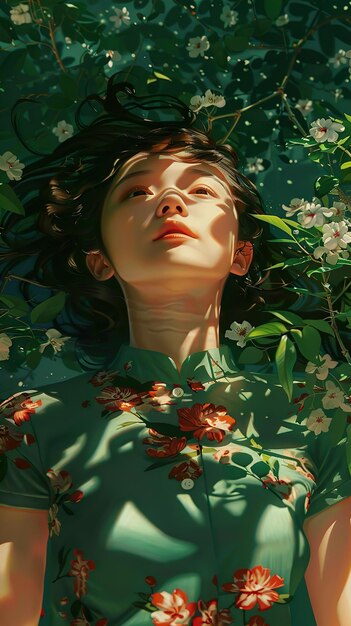 a girl with her eyes closed and the sun shining through the leaves of the tree