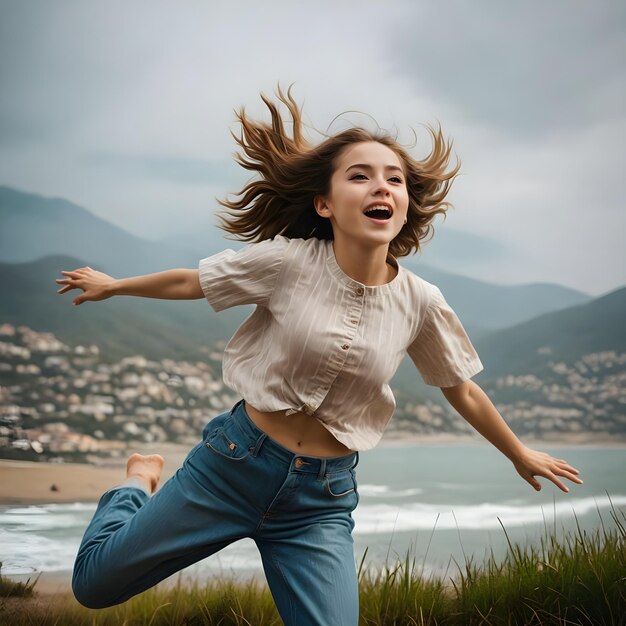 Photo a girl with her hair up in the air and her arms stretched out in front of a beach