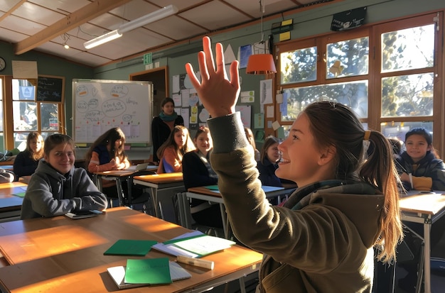 Photo a girl with her hand up in a classroom with other students