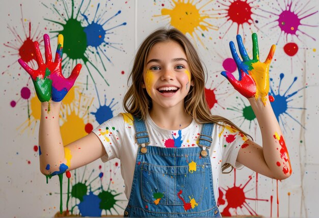 Photo a girl with her hands painted with paint on it