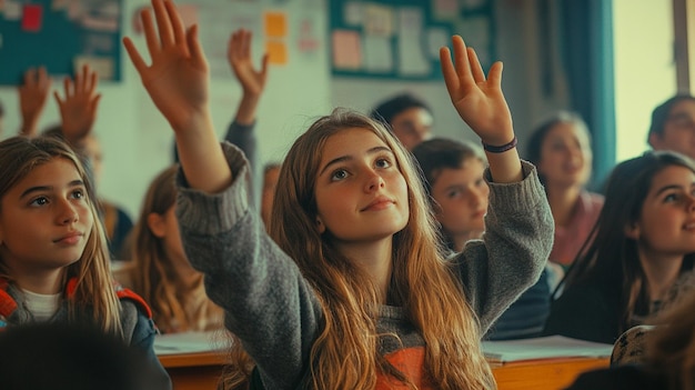 Photo a girl with her hands raised in a classroom with other students in the background