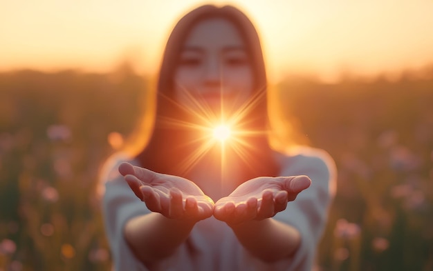 Photo a girl with her hands in the shape of a sun in the sky