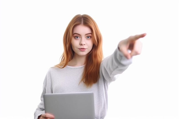 girl with in her laptop pointing up white background