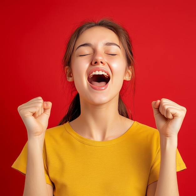 Photo a girl with her mouth open and the word  im not sure  on the red background