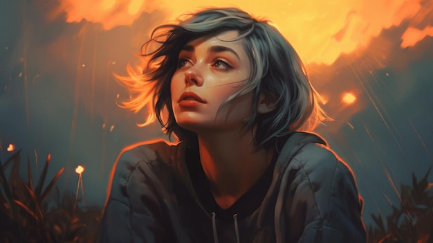 A girl with a hoodie and a hoodie sits in front of a sunset.