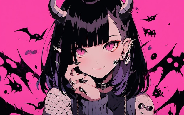 a girl with horns and a necklace that says quot devil quot