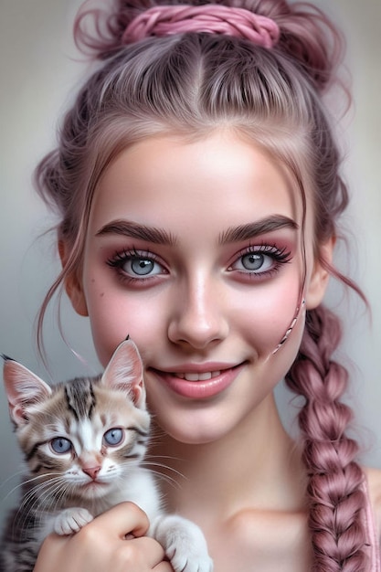 a girl with a kitten