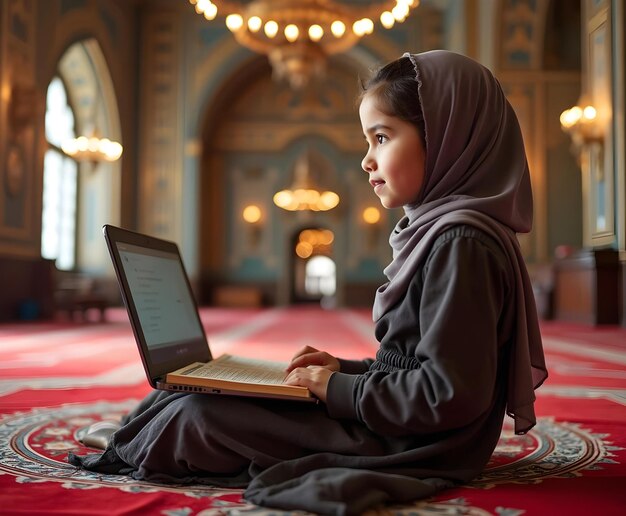 Photo a girl with a laptop on her lap is sitting on a red carpet