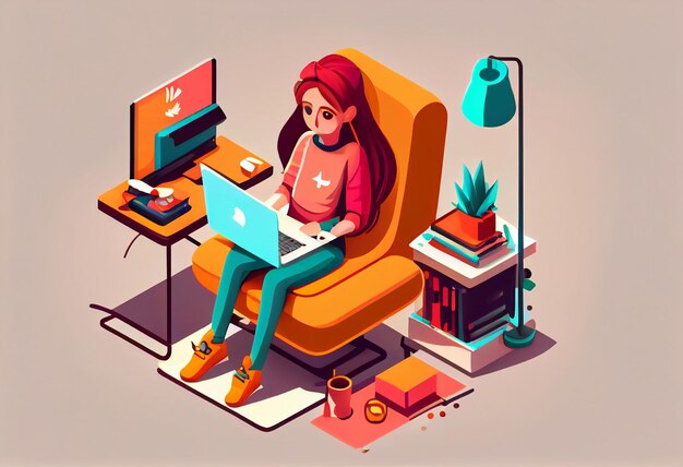 Girl with laptop sitting on the chair Freelance or studying concept Generate Ai