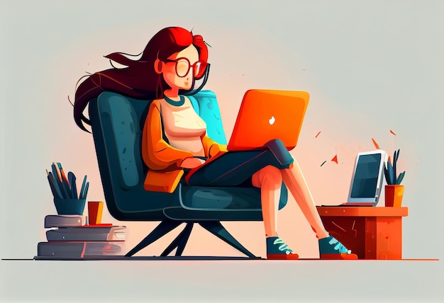 Girl with laptop sitting on the chair Freelance or studying concept Generate Ai