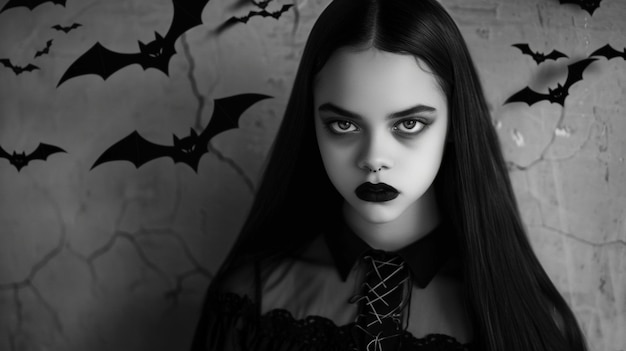 Photo a girl with long black hair and a black and white costume has a bat on her chest