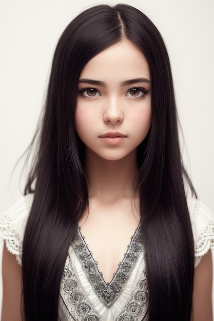 A girl with long black hair and a white top