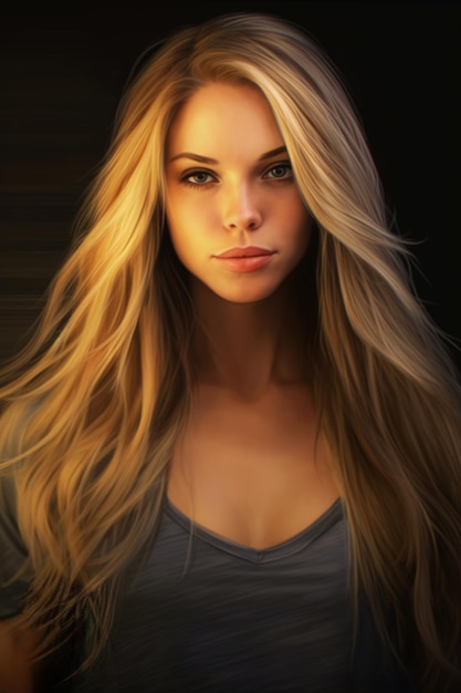 A girl with long blonde hair and a black background