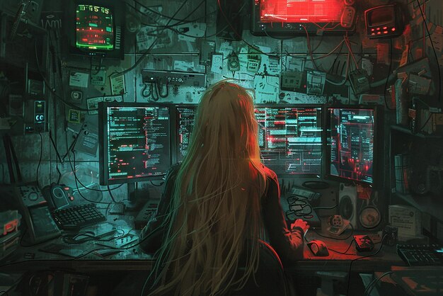 Photo girl with long blonde hair hacking in computer room