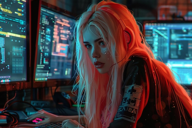 Photo girl with long blonde hair hacking in computer room