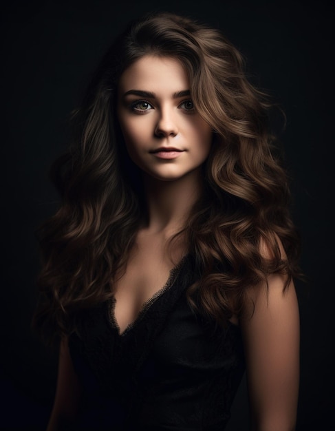 A girl with long brown hair and blue eyes stands in front of a black background.