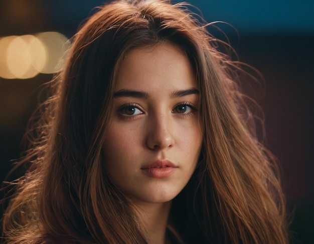 a girl with long brown hair and a blue eyes