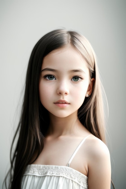 A girl with long brown hair and blue eyes