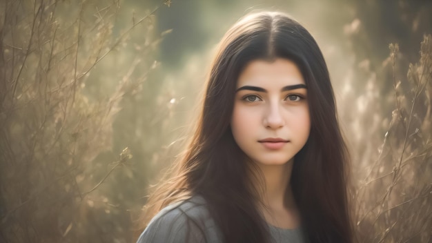 A girl with long brown hair and a gray dress stands in a field.