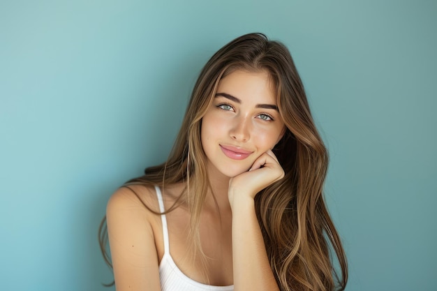 a girl with long brown hair is posing with a blue background