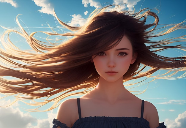 A girl with long brown hair is standing in the sky with the sun shining on her face.