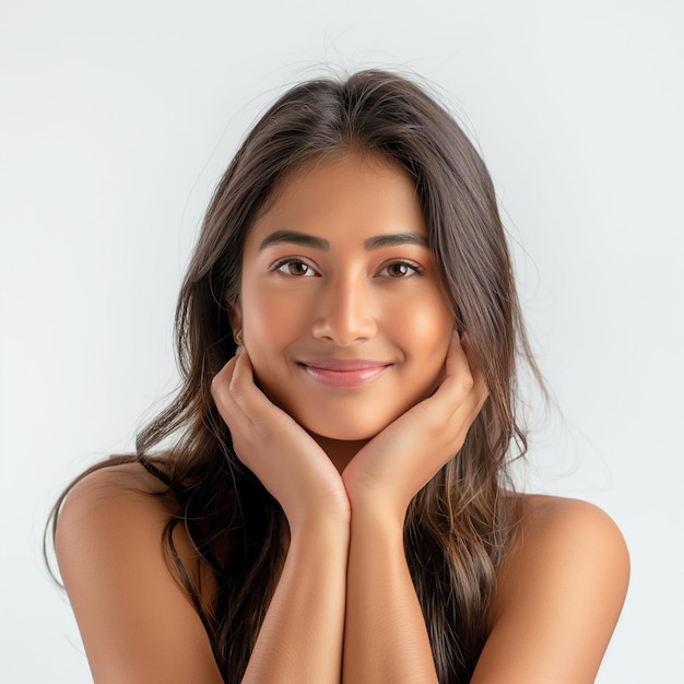 a girl with long brown hair and a smile that says  she is smiling