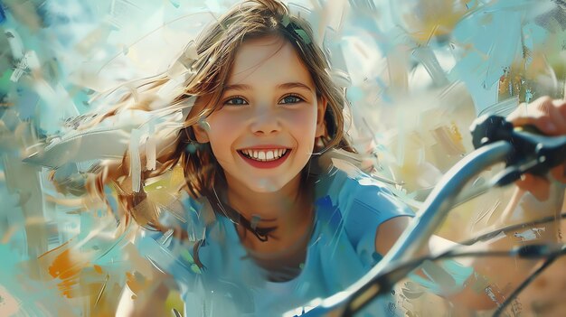 Photo a girl with long brown hair smiles while riding a bike in a paintinglike style