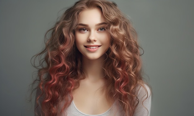 A girl with long curly hair smiles at the camera.