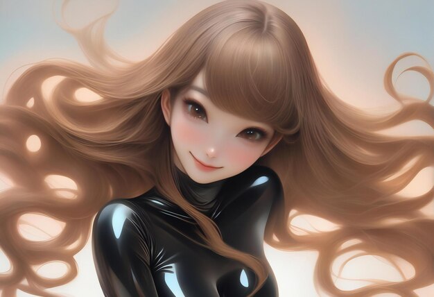 A girl with long hair in a black latex costume