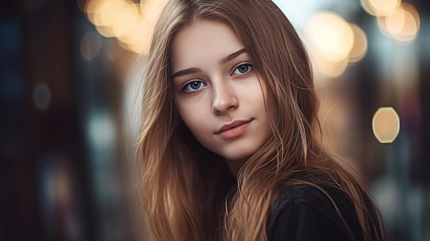 A girl with long hair and a black shirt is looking at the camera.