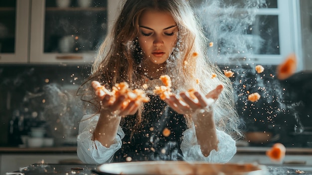 A girl with long hair blowing bubbles in front of a pan of food