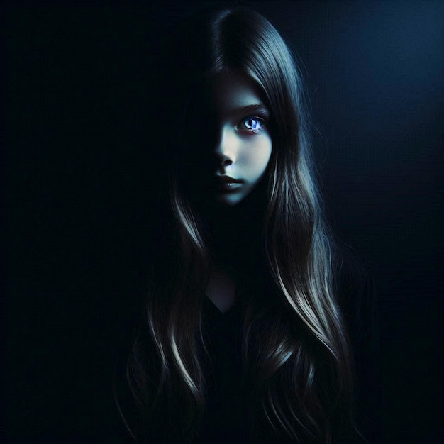 Photo a girl with long hair and a blue eyes stands in front of a black background