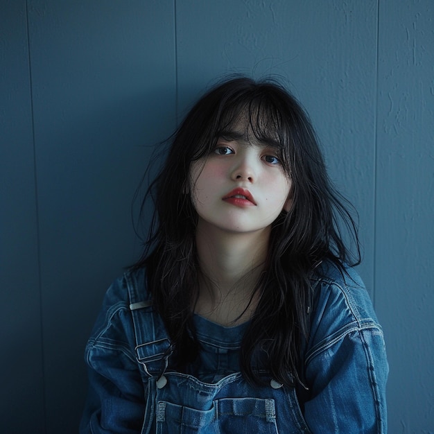 a girl with long hair and a blue shirt is posing for a photo