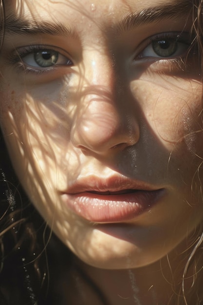 A girl with long hair and a green eyes is looking at the camera.