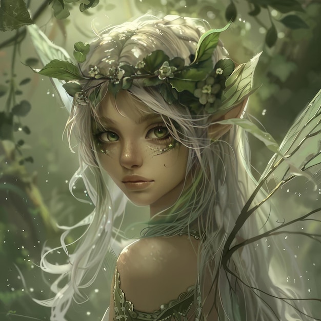 Photo a girl with long hair and a green fairy head