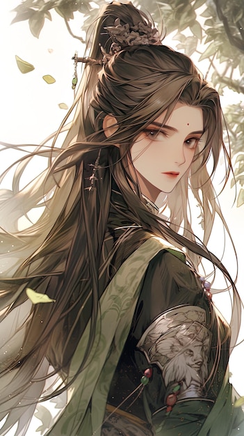 a girl with long hair and a green kimono