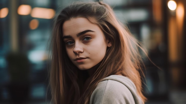 A girl with long hair and a grey hoodie stands in front of a building.