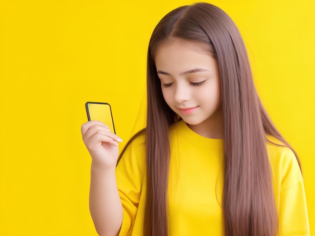 a girl with long hair holds a smart phone in front of a yellow background