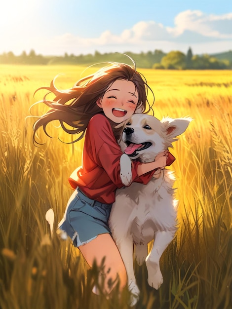 a girl with long hair is hugging a dog in a field of tall grass