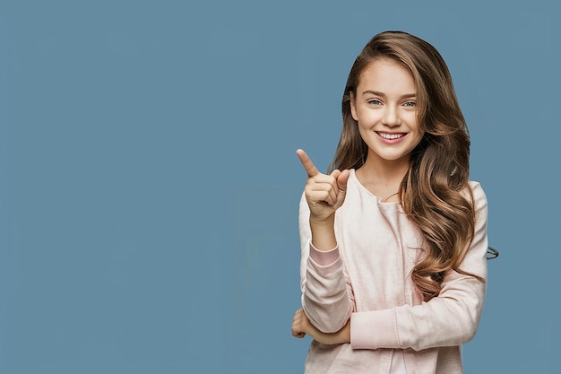 a girl with long hair is pointing to the right