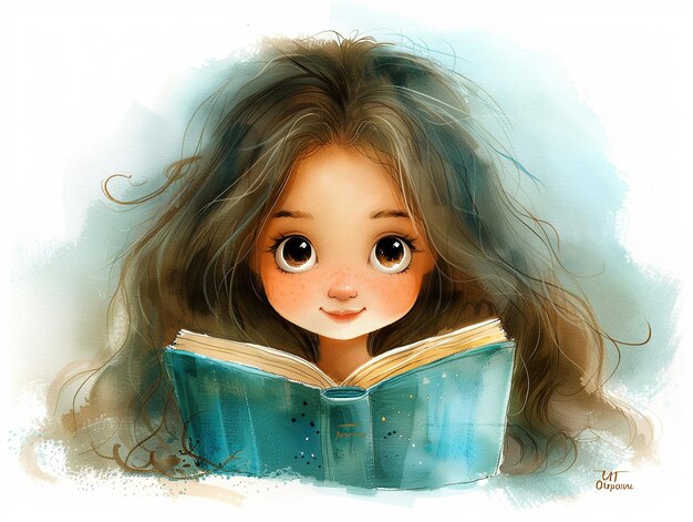 a girl with long hair is reading a book