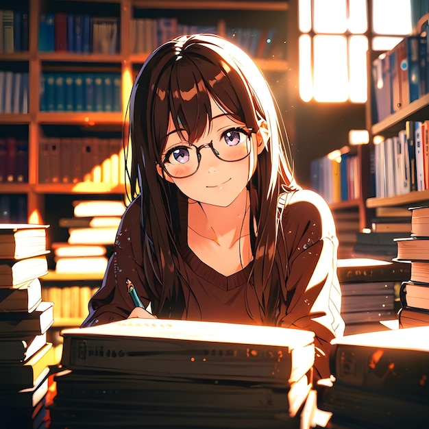 a girl with long hair is sitting in a library with many books